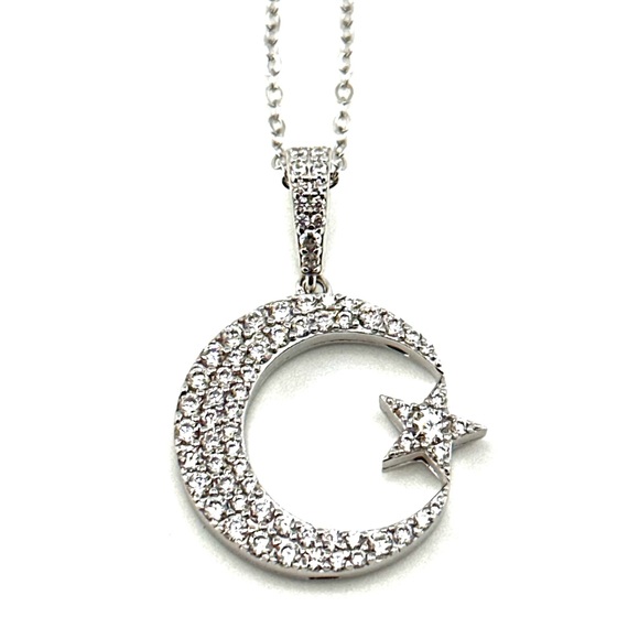 925 Solid Sterling Silver Moon & Star Pendant Necklace - Picture 4 of 8
